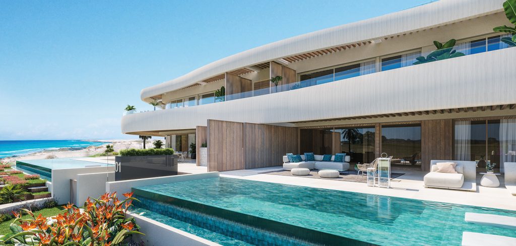 ViVi Real Estate: Eine moderne Villa in der luxuriösen Wohngegend mit Blick auf den Ozean.