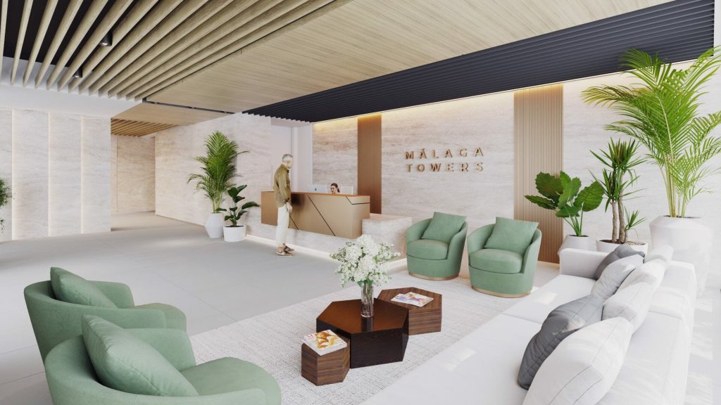 ViVi Real Estate: A 3D rendering of the lobby of a luxury spa in Malaga.