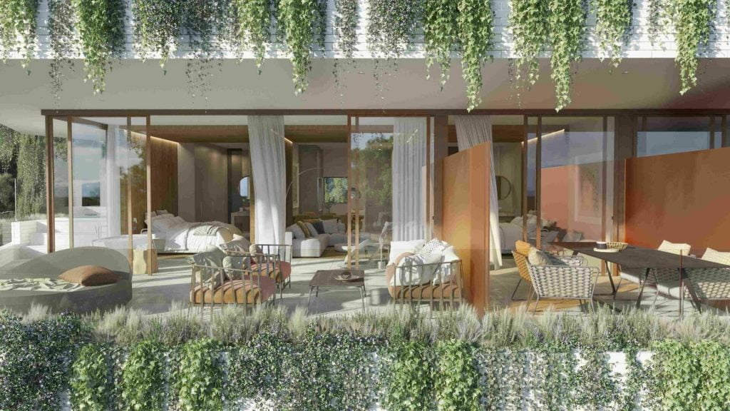 ViVi Real Estate: An artist's rendering of a new development outdoor living area with ivy growing on the walls.